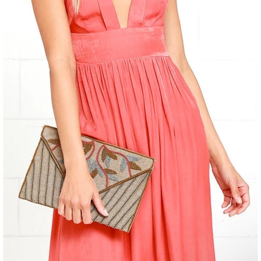 Beaded Envelope Clutchβ Crossbody Bag Floral Art Deco Light Brown